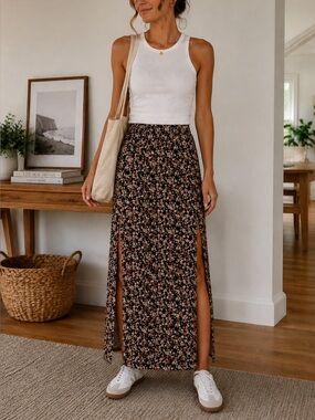 Forever 21 Black Maxi Skirt with Pink and Cream Floral Print